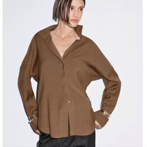 Massimo Dutti Flowing Brown Shirt with Hidden Buttons Size Medium